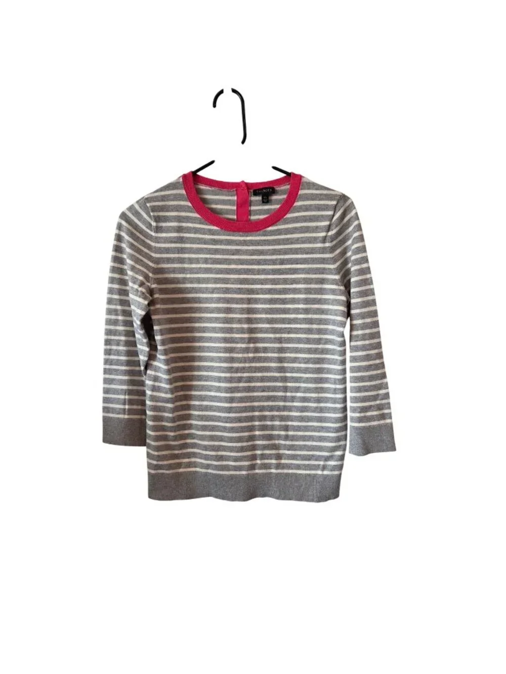 Talbots Womens XS Striped Gray Sweater Pink Trim 3/4 Sleeves Silk Blend